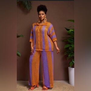 EUC Shein Women's Two-Piece Crochet Pant Set in Orange and Lavender Purple 1XL